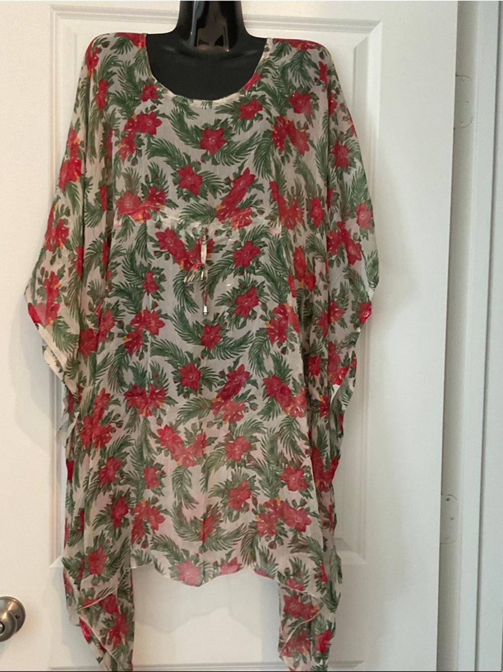 Sheer Floral Swim Coverup Kaftan in Red and Green